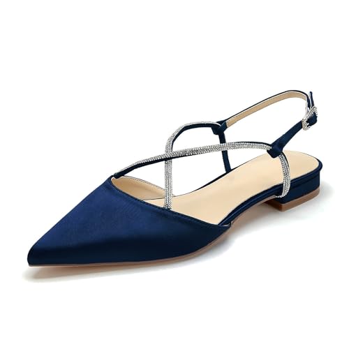 OAUSZC Flache Brautschuhe Slingback Ballerinas Damen Satin Strass Spitze Zehen Flache Party Hochzeitsschuhe Abendschuhe,Marine,38 EU von OAUSZC