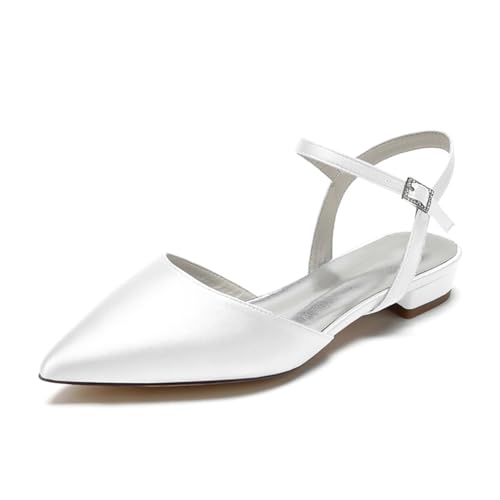 OAUSZC Flache Hochzeits Sandalen Für Damen Ballerinas Satin Spitzer Zehen Slingback Brautkleid Schuhe,Weiß,42 EU von OAUSZC