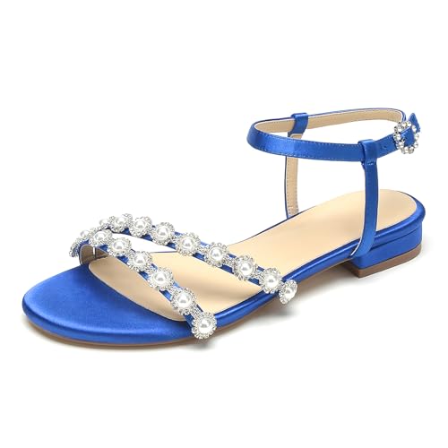 OAUSZC Flache Hochzeitssandalen Satin Damen Riemensandalen Slingback Perlen Strass Elegante Party Brautschuhe,Blau,40 EU OAUSZC Flache Hochzeitssandalen Satin Damen Riemensandalen Slingback Perlen Strass Elegante Party Brautschuhe,Blau,40 EU von OAUSZC