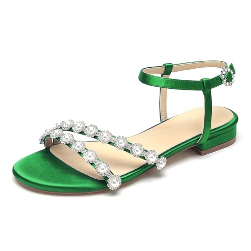 OAUSZC Flache Hochzeitssandalen Satin Damen Riemensandalen Slingback Perlen Strass Elegante Party Brautschuhe,Grün,39 EU OAUSZC Flache Hochzeitssandalen Satin Damen Riemensandalen Slingback Perlen Strass Elegante Party Brautschuhe,Grün,39 EU von OAUSZC