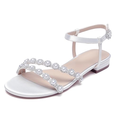 OAUSZC Flache Hochzeitssandalen Satin Damen Riemensandalen Slingback Perlen Strass Elegante Party Brautschuhe,Weiß,43 EU OAUSZC Flache Hochzeitssandalen Satin Damen Riemensandalen Slingback Perlen Strass Elegante Party Brautschuhe,Weiß,43 EU von OAUSZC
