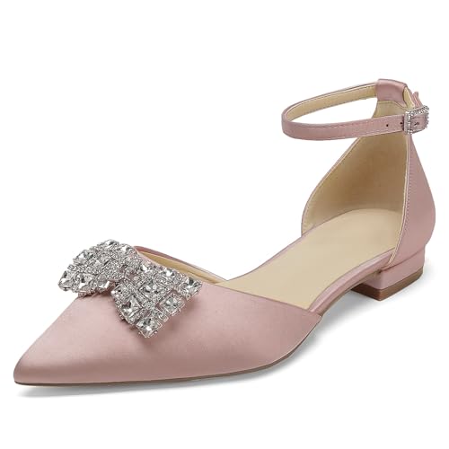 OAUSZC Flache Hochzeitsschuhe Strass Damen Riemen Ballerinas Satin Spitze Zehen Party Abend Brautschuhe,Blush,41 EU von OAUSZC