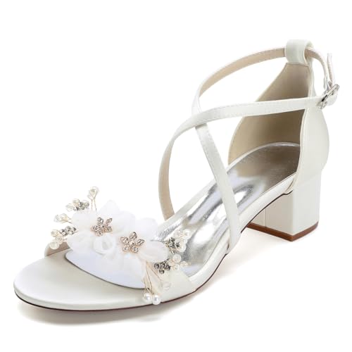 OAUSZC Hochzeit Sandalen Blockabsatz Frauen Blume Satin Knöchel Riemen Blockabsatz Kleid Schuhe 13091-1AS,Elfenbein,39 EU von OAUSZC