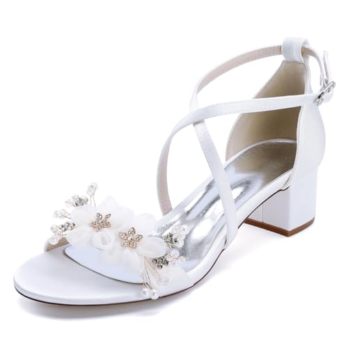 OAUSZC Hochzeit Sandalen Blockabsatz Frauen Blume Satin Knöchel Riemen Blockabsatz Kleid Schuhe 13091-1AS,Weiß,40 EU von OAUSZC