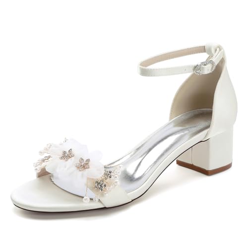 OAUSZC Hochzeitssandalen Blockabsatz Damen Blumen Knöchelriemen Peep-Toe Satin Party Brautschuhe Abendschuhe,Elfenbein,35 EU von OAUSZC