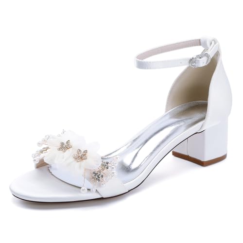 OAUSZC Hochzeitssandalen Blockabsatz Damen Blumen Knöchelriemen Peep-Toe Satin Party Brautschuhe Abendschuhe,Weiß,41 EU von OAUSZC