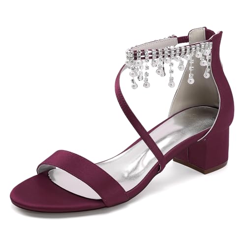 OAUSZC Niedrige Blockabsatz Hochzeitssandalen Damen Riemchen Strass Satin Offene Zehen Brautschuhe mit Reißverschluss 13091-2R,Burgundy,41 EU von OAUSZC