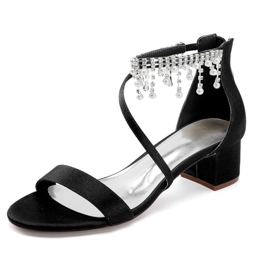 OAUSZC Niedrige Blockabsatz Hochzeitssandalen Damen Riemchen Strass Satin Offene Zehen Brautschuhe mit Reißverschluss 13091-2R,Schwarz,42 EU von OAUSZC
