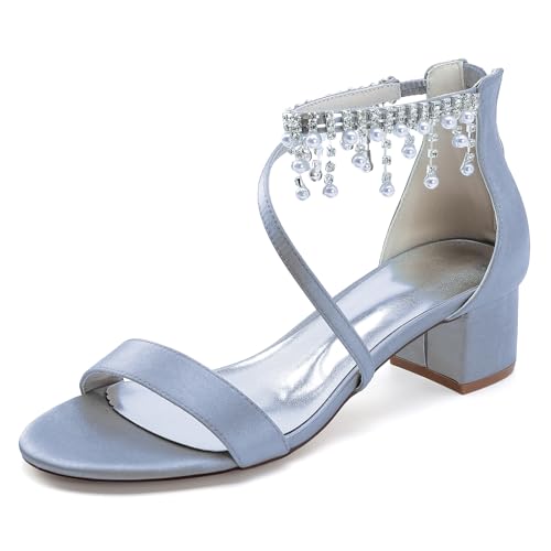 OAUSZC Niedrige Blockabsatz Hochzeitssandalen Damen Riemchen Strass Satin Offene Zehen Brautschuhe mit Reißverschluss 13091-2R,Silber,38 EU von OAUSZC