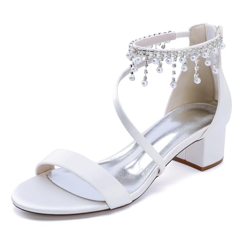 OAUSZC Niedrige Blockabsatz Hochzeitssandalen Damen Riemchen Strass Satin Offene Zehen Brautschuhe mit Reißverschluss 13091-2R,Weiß,35 EU von OAUSZC