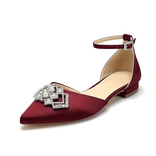 OAUSZC Riemchen Hochzeit Ballerinas Damen Spitze Zehen Satin Strass Brautschuhe Brautjungfernschuhe,Burgundy,35 EU von OAUSZC