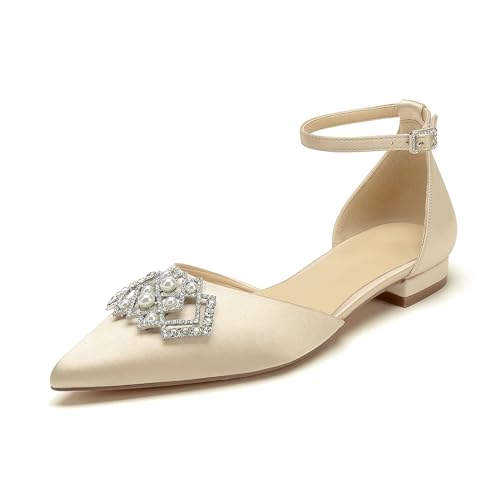 OAUSZC Riemchen Hochzeit Ballerinas Damen Spitze Zehen Satin Strass Brautschuhe Brautjungfernschuhe,Champagne,40 EU von OAUSZC