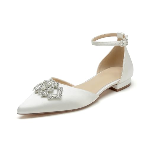 OAUSZC Riemchen Hochzeit Ballerinas Damen Spitze Zehen Satin Strass Brautschuhe Brautjungfernschuhe,Elfenbein,41 EU von OAUSZC