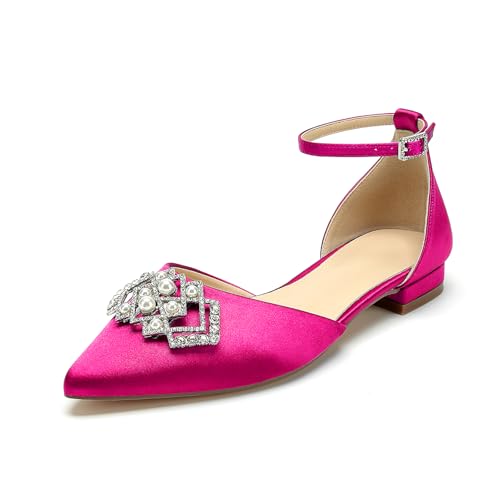 OAUSZC Riemchen Hochzeit Ballerinas Damen Spitze Zehen Satin Strass Brautschuhe Brautjungfernschuhe,Fuchsia,43 EU von OAUSZC