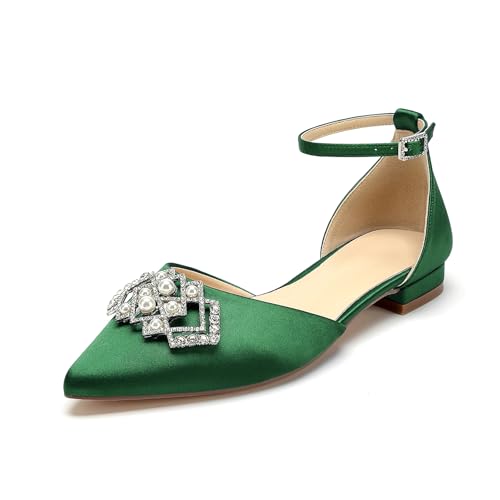 OAUSZC Riemchen Hochzeit Ballerinas Damen Spitze Zehen Satin Strass Brautschuhe Brautjungfernschuhe,Grün,43 EU von OAUSZC