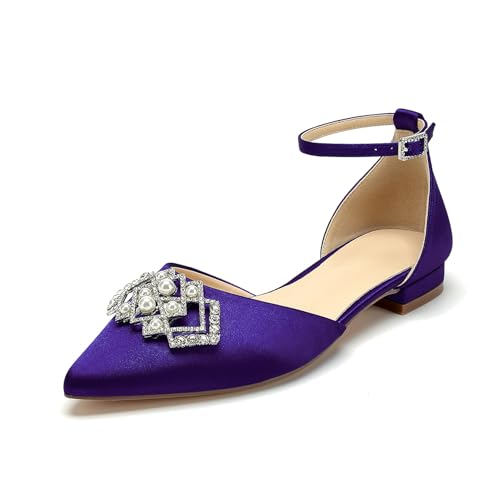 OAUSZC Riemchen Hochzeit Ballerinas Damen Spitze Zehen Satin Strass Brautschuhe Brautjungfernschuhe,Lila,37 EU von OAUSZC