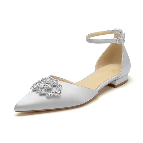 OAUSZC Riemchen Hochzeit Ballerinas Damen Spitze Zehen Satin Strass Brautschuhe Brautjungfernschuhe,Silber,43 EU von OAUSZC