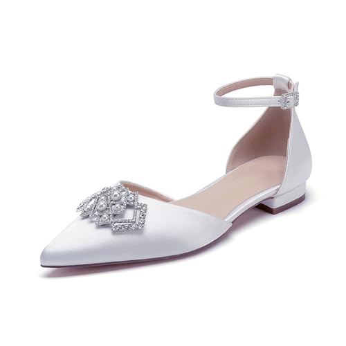 OAUSZC Riemchen Hochzeit Ballerinas Damen Spitze Zehen Satin Strass Brautschuhe Brautjungfernschuhe,Weiß,40 EU von OAUSZC