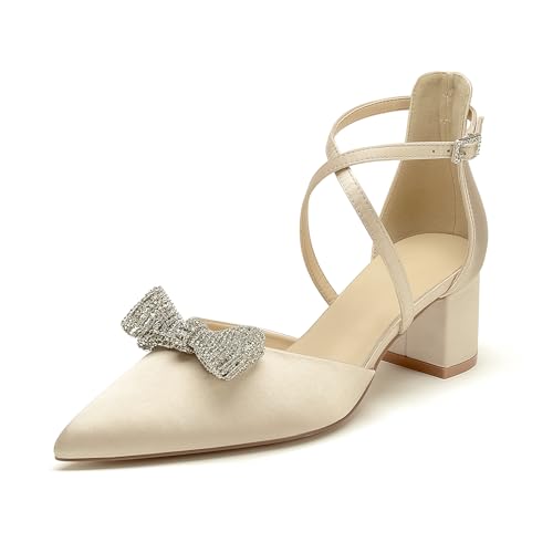 OAUSZC Satin Brautschuhe mit niedrigem Blockabsatz für Damen Pumps Knöchelriemen Spitze Zehen Strass Schleifen Party Hochzeitsschuhe,Champagne,41 EU von OAUSZC