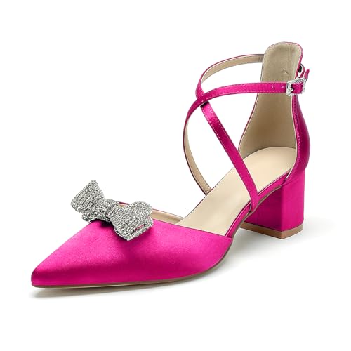 OAUSZC Satin Brautschuhe mit niedrigem Blockabsatz für Damen Pumps Knöchelriemen Spitze Zehen Strass Schleifen Party Hochzeitsschuhe,Fuchsia,38 EU von OAUSZC