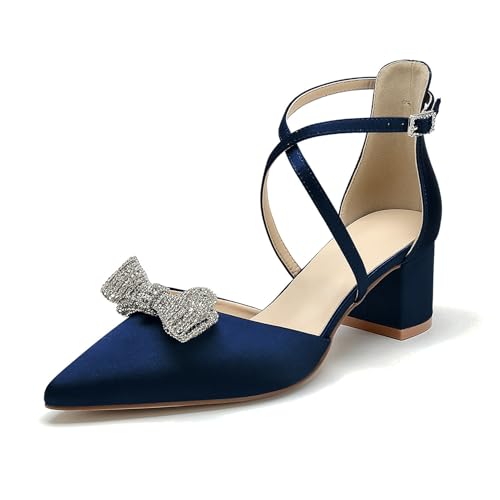 OAUSZC Satin Brautschuhe mit niedrigem Blockabsatz für Damen Pumps Knöchelriemen Spitze Zehen Strass Schleifen Party Hochzeitsschuhe,Marine,43 EU von OAUSZC