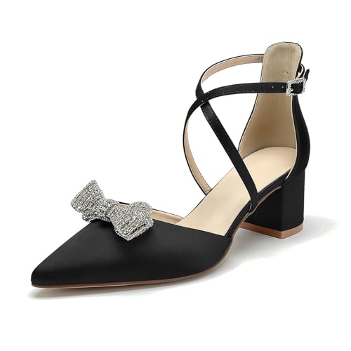 OAUSZC Satin Brautschuhe mit niedrigem Blockabsatz für Damen Pumps Knöchelriemen Spitze Zehen Strass Schleifen Party Hochzeitsschuhe,Schwarz,38 EU von OAUSZC