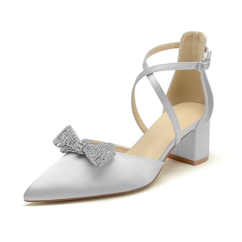 OAUSZC Satin Brautschuhe mit niedrigem Blockabsatz für Damen Pumps Knöchelriemen Spitze Zehen Strass Schleifen Party Hochzeitsschuhe,Silber,35 EU von OAUSZC