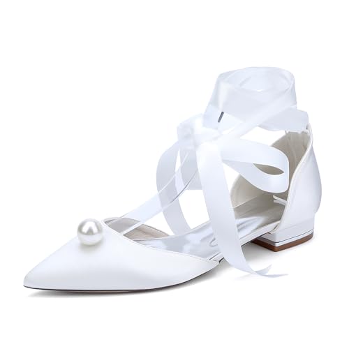 OAUSZC Satin Flach Brautschuhe Damen Ballerinas Mit Perlen Spitze Zehen Party Brautjungfernschuhe 18448-15ZS,Weiß,38 EU OAUSZC Satin Flach Brautschuhe Damen Ballerinas Mit Perlen Spitze Zehen Party Brautjungfernschuhe 18448-15ZS,Weiß,38 EU von OAUSZC