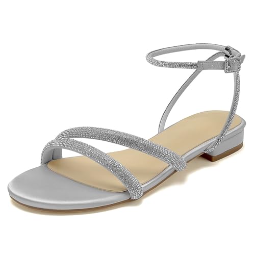 OAUSZC Satin Flache Hochzeitssandalen Damen Knöchelriemen Offener Zehen Abend Party Brautschuhe,Silber,36 EU OAUSZC Satin Flache Hochzeitssandalen Damen Knöchelriemen Offener Zehen Abend Party Brautschuhe,Silber,36 EU von OAUSZC