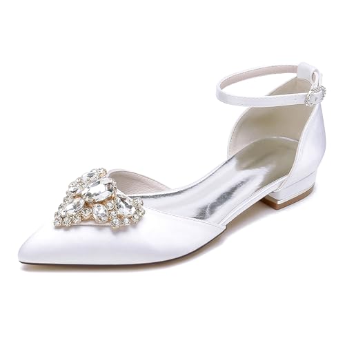 OAUSZC Satin Flache Hochzeitsschuhe Damen Ballerinas Knöchelriemen Strass Spitze Zehen Brautjungfern Abendschuhe 18448-46D,Weiß,39 EU OAUSZC Satin Flache Hochzeitsschuhe Damen Ballerinas Knöchelriemen Strass Spitze Zehen Brautjungfern Abendschuhe 18448-46D,Weiß,39 EU von OAUSZC