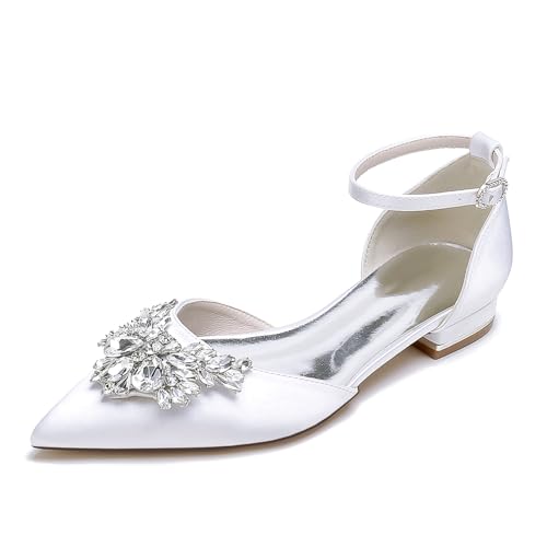 OAUSZC Satin Flache Hochzeitsschuhe Damen Knöchelriemen Ballerinas Strass Spitze Zehen Abend Brautschuhe 18448-46B,Weiß,42 EU OAUSZC Satin Flache Hochzeitsschuhe Damen Knöchelriemen Ballerinas Strass Spitze Zehen Abend Brautschuhe 18448-46B,Weiß,42 EU von OAUSZC