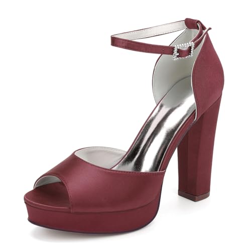 OAUSZC Satin Plateau Brautschuhe Blockabsatz Damen Peep Toe High Heels Riemchensandalen Hochzeits Party Schuhe 6118-01A,Burgundy,40 EU von OAUSZC