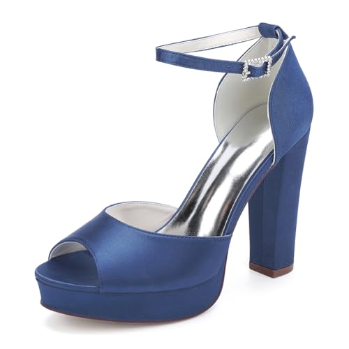 OAUSZC Satin Plateau Brautschuhe Blockabsatz Damen Peep Toe High Heels Riemchensandalen Hochzeits Party Schuhe 6118-01A,Marine,37 EU von OAUSZC