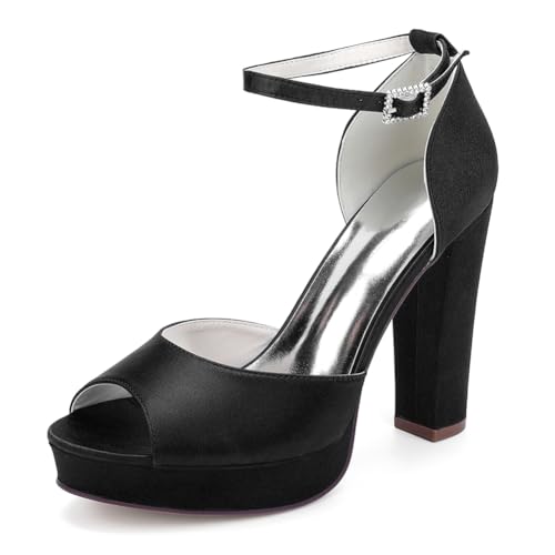 OAUSZC Satin Plateau Brautschuhe Blockabsatz Damen Peep Toe High Heels Riemchensandalen Hochzeits Party Schuhe 6118-01A,Schwarz,40 EU von OAUSZC