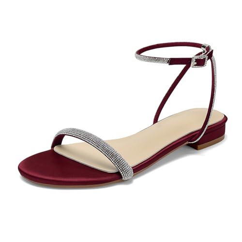 OAUSZC Strass Flache Riemchensandalen Damen Satin Glitzernd Offener Zehen Party Hochzeits Brautschuhe,Burgundy,37 EU OAUSZC Strass Flache Riemchensandalen Damen Satin Glitzernd Offener Zehen Party Hochzeits Brautschuhe,Burgundy,37 EU von OAUSZC