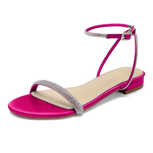 OAUSZC Strass Flache Riemchensandalen Damen Satin Glitzernd Offener Zehen Party Hochzeits Brautschuhe,Fuchsia,43 EU OAUSZC Strass Flache Riemchensandalen Damen Satin Glitzernd Offener Zehen Party Hochzeits Brautschuhe,Fuchsia,43 EU von OAUSZC