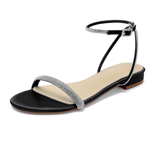 OAUSZC Strass Flache Riemchensandalen Damen Satin Glitzernd Offener Zehen Party Hochzeits Brautschuhe,Schwarz,39 EU OAUSZC Strass Flache Riemchensandalen Damen Satin Glitzernd Offener Zehen Party Hochzeits Brautschuhe,Schwarz,39 EU von OAUSZC