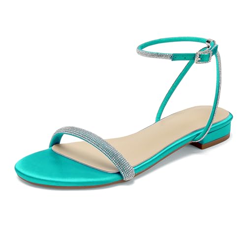 OAUSZC Strass Flache Riemchensandalen Damen Satin Glitzernd Offener Zehen Party Hochzeits Brautschuhe,Teal,35 EU OAUSZC Strass Flache Riemchensandalen Damen Satin Glitzernd Offener Zehen Party Hochzeits Brautschuhe,Teal,35 EU von OAUSZC