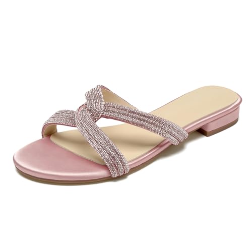 OAUSZC Strass Riemchen Flache Sandalen Damen Offene Zehen Satin Pantoletten Brautschuhe Hochzeiten Strandschuhe,Blush,38 EU von OAUSZC