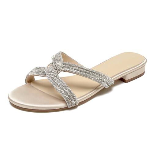 OAUSZC Strass Riemchen Flache Sandalen Damen Offene Zehen Satin Pantoletten Brautschuhe Hochzeiten Strandschuhe,Champagne,42 EU von OAUSZC