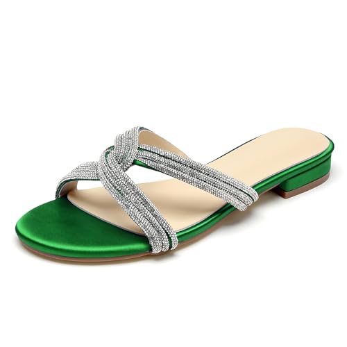 OAUSZC Strass Riemchen Flache Sandalen Damen Offene Zehen Satin Pantoletten Brautschuhe Hochzeiten Strandschuhe,Grün,37 EU von OAUSZC