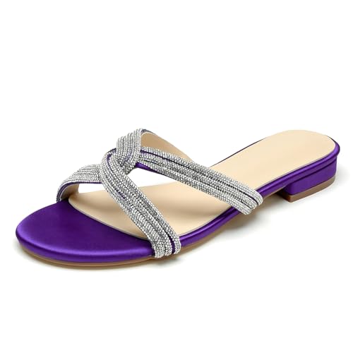 OAUSZC Strass Riemchen Flache Sandalen Damen Offene Zehen Satin Pantoletten Brautschuhe Hochzeiten Strandschuhe,Lila,39 EU von OAUSZC