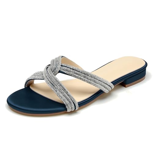 OAUSZC Strass Riemchen Flache Sandalen Damen Offene Zehen Satin Pantoletten Brautschuhe Hochzeiten Strandschuhe,Marine,37 EU von OAUSZC