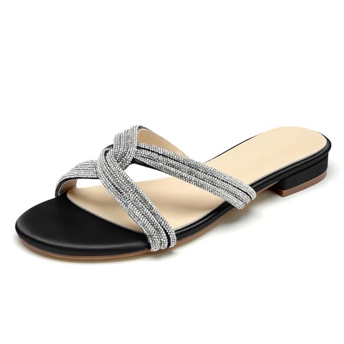 OAUSZC Strass Riemchen Flache Sandalen Damen Offene Zehen Satin Pantoletten Brautschuhe Hochzeiten Strandschuhe,Schwarz,40 EU von OAUSZC