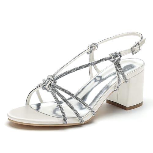 OAUSZC Strass Riemchensandalen Blockabsatz 6Cm Offener Zehen Satin Hochzeits Brautschuhe Partyschuhe CG1920-51,Elfenbein,38 EU von OAUSZC