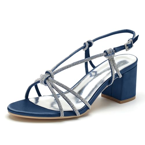 OAUSZC Strass Riemchensandalen Blockabsatz 6Cm Offener Zehen Satin Hochzeits Brautschuhe Partyschuhe CG1920-51,Marine,40 EU von OAUSZC
