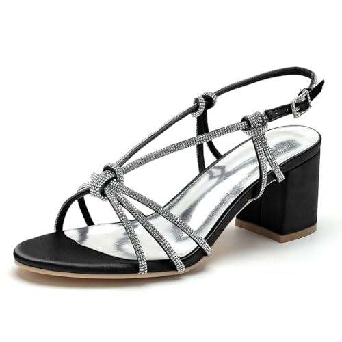OAUSZC Strass Riemchensandalen Blockabsatz 6Cm Offener Zehen Satin Hochzeits Brautschuhe Partyschuhe CG1920-51,Schwarz,41 EU von OAUSZC