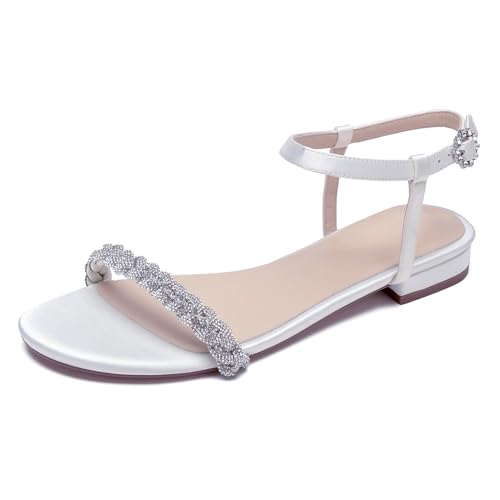 OAUSZC Strass Riemchensandalen Flache Damen Offener Zehen Slingback Hochzeit Strand Schuhe,Weiß,37 EU von OAUSZC