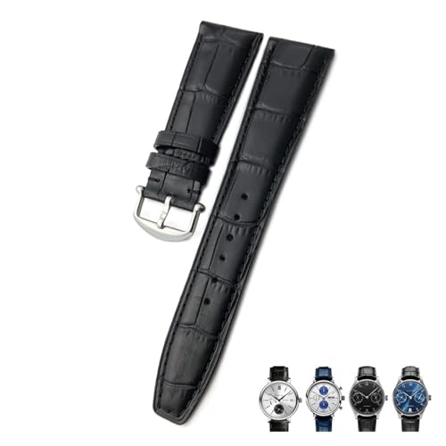 OBAEHH 20 mm 21 mm 22 mm Kalbsleder-Echtleder-Uhrenarmband, geeignet für IWC Pilot Portugieser, Schwarz, Braun, Blau, Alligator-Korn-Uhrenarmband(Black round pin,20mm) von OBAEHH