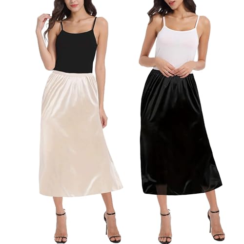 OBBUE 2pc Damen Petticoat Unterrock Lange Antistatisch Rock Satin für Unterkleider 31" Black and Champagne X-Large von OBBUE